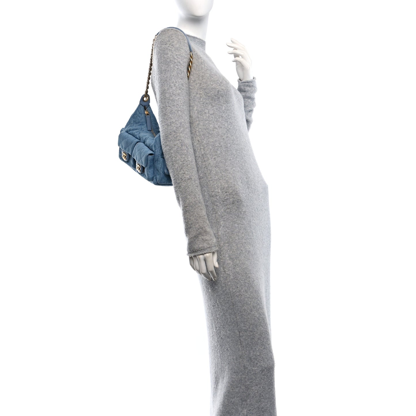 Washed Denim Quilted Cargo Large Hobo Light Blue