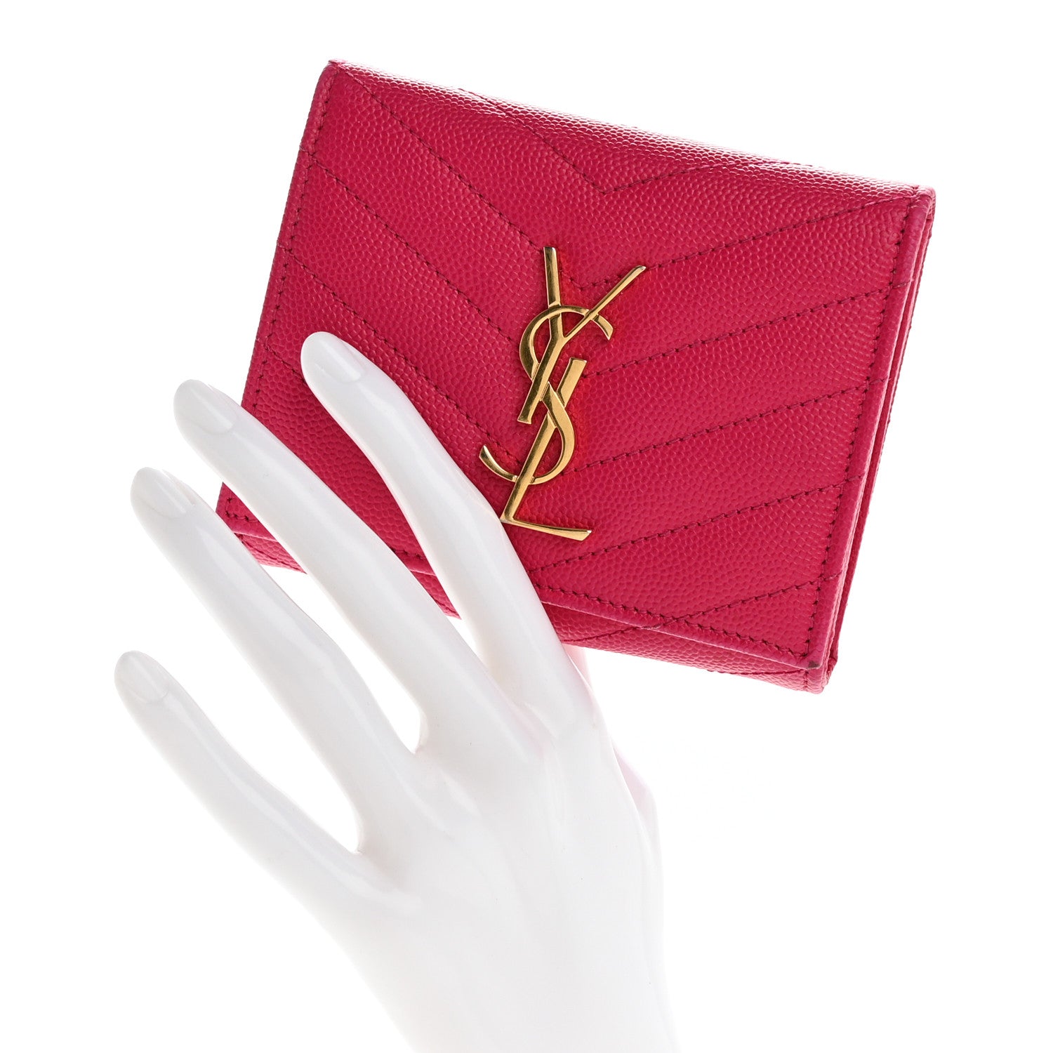 Saint Laurent Grain De Poudre Matelasse Chevron Monogram Compact Wallet Bubblegum 2 of 10