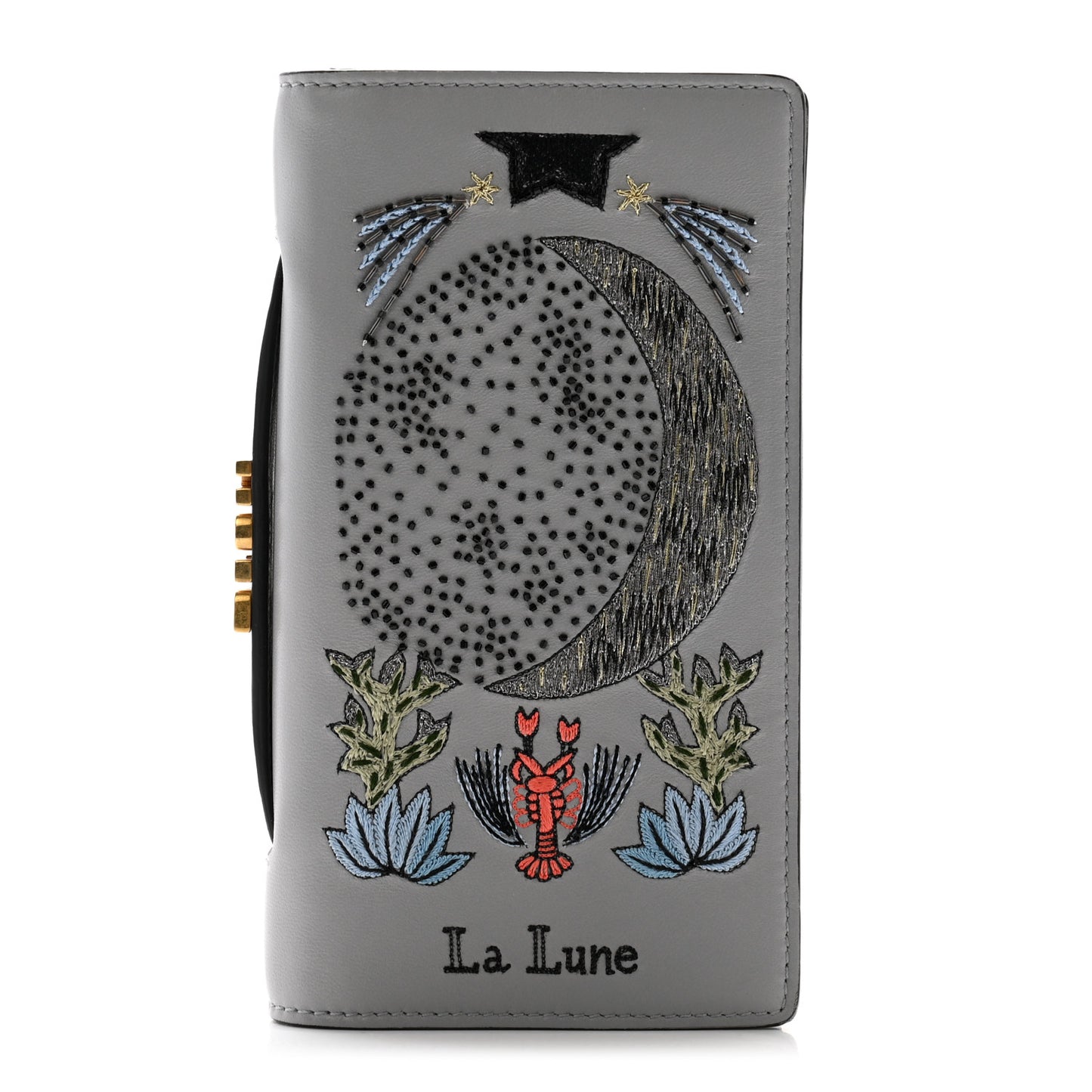 Lambskin Embroidered La Lune Tarot Pouch Clutch Grey