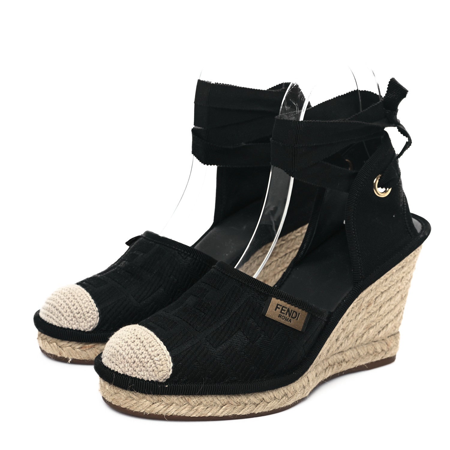 Fendi Canvas FF Embroidered Roma Ankle Wrap Wedge Espadrilles 36 Black 3 of 7