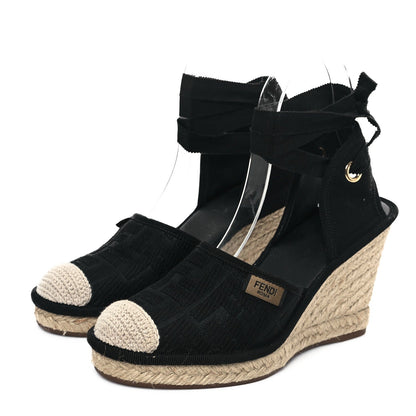 Fendi Canvas FF Embroidered Roma Ankle Wrap Wedge Espadrilles 36 Black 3 of 7