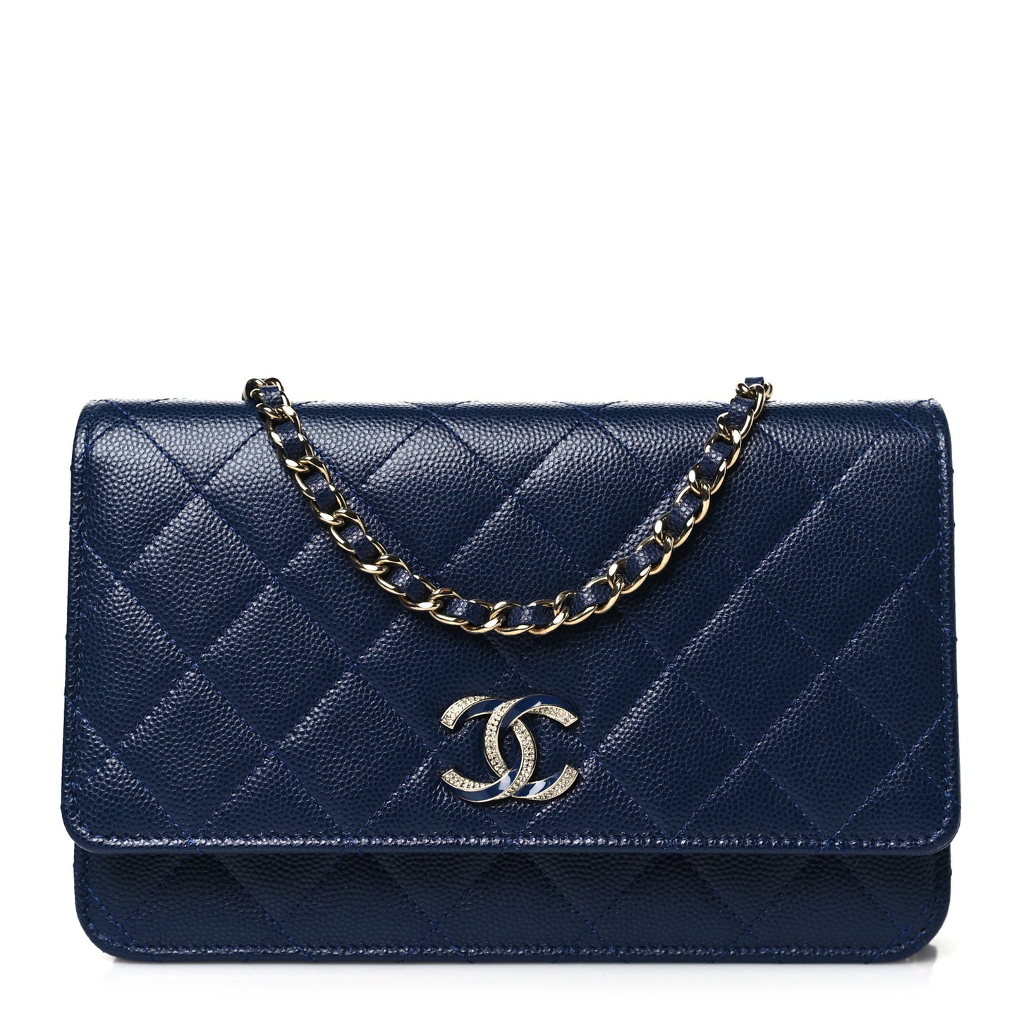 Caviar Quilted Crystal Enamel CC Wallet On Chain WOC Navy