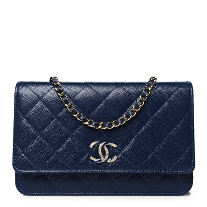 Chanel Caviar Quilted Crystal Enamel CC Wallet On Chain WOC Navy 1 of 12