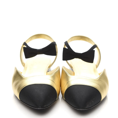 Chanel Laminated Lambskin Grosgrain Cap Toe Bow Flats 38.5 Gold Black 2 of 10