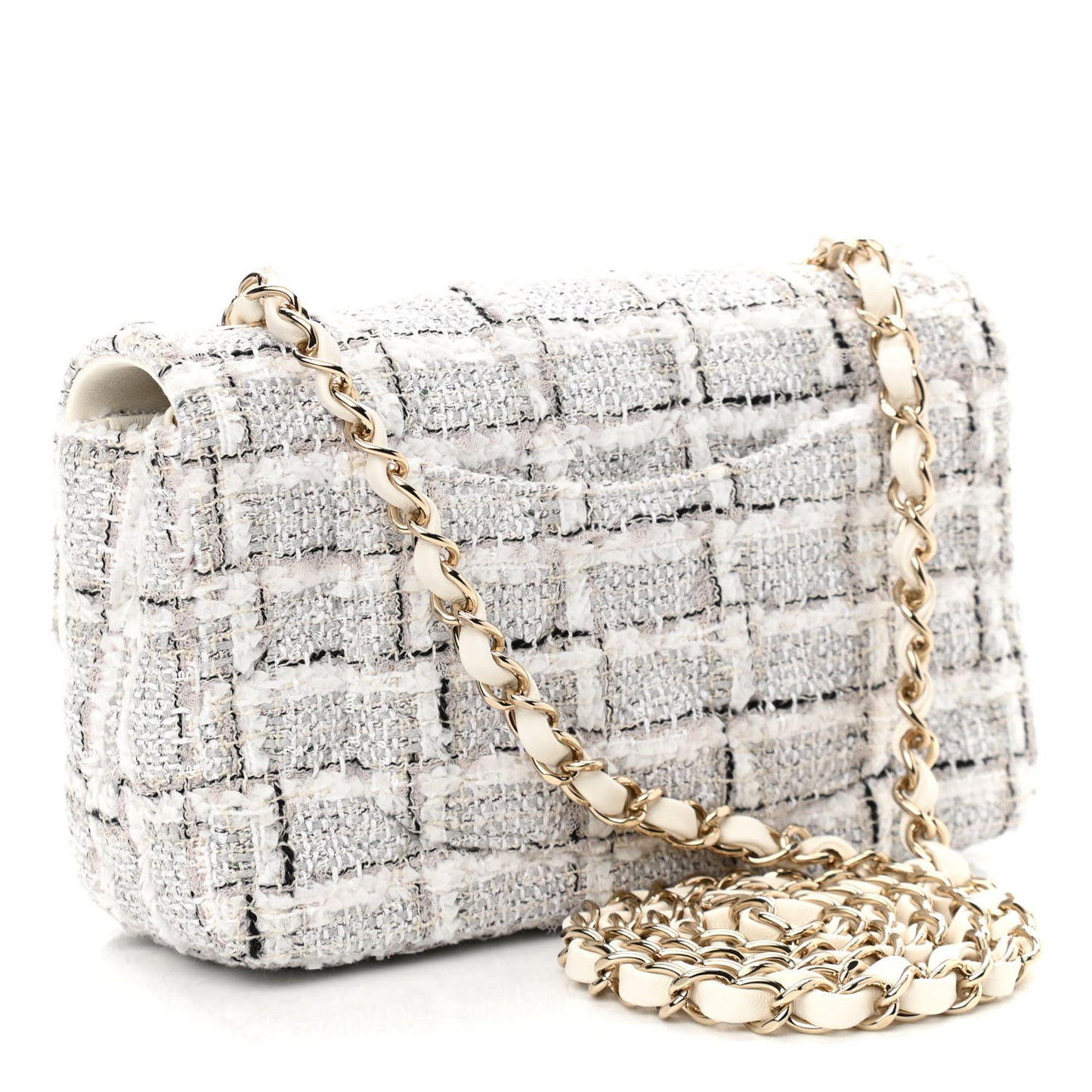 Tweed Quilted Mini Rectangular Flap White Grey