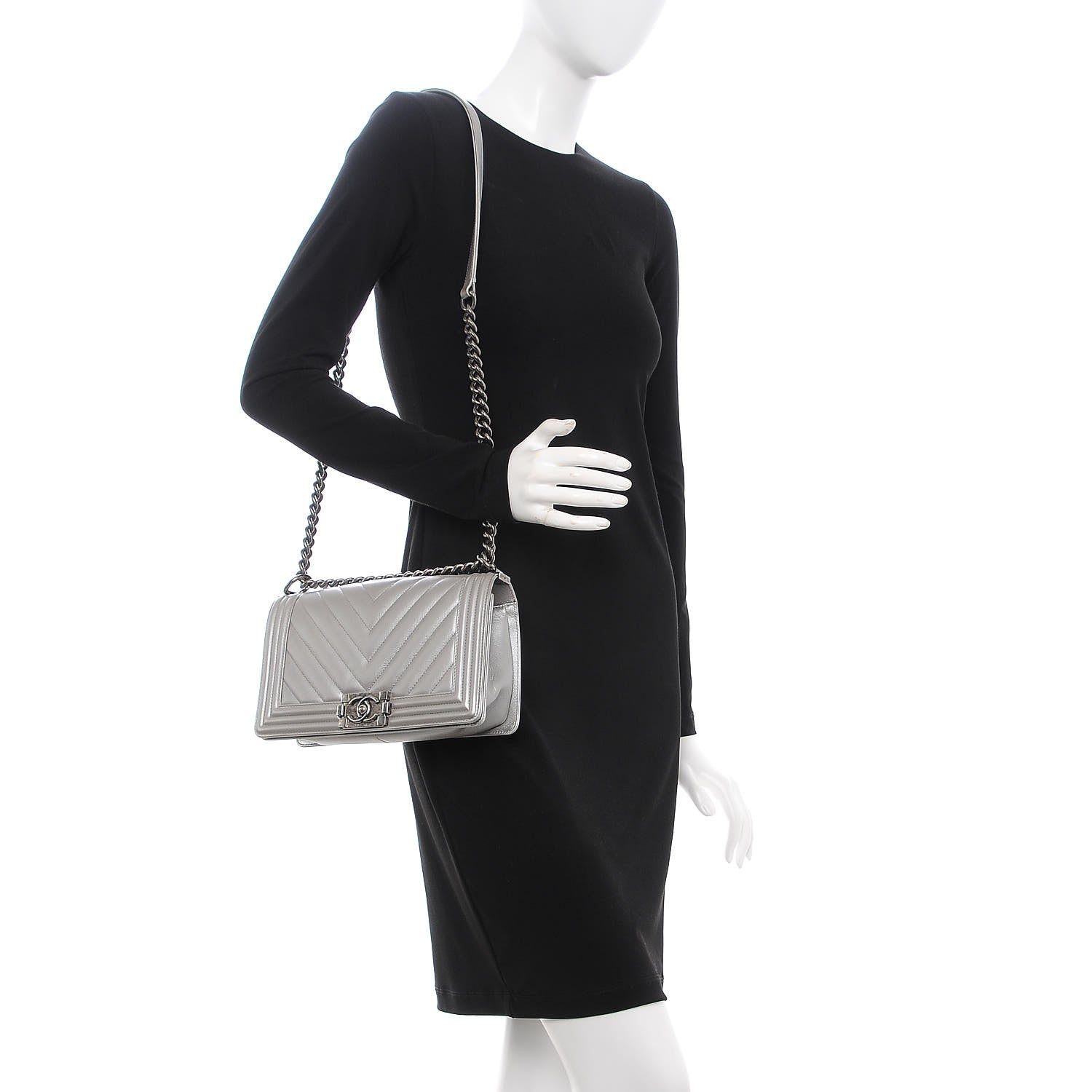 Chanel Metallic Caviar Chevron Quilted Medium Boy Flap Silver 2 of 7