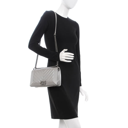 Chanel Metallic Caviar Chevron Quilted Medium Boy Flap Silver 2 of 7