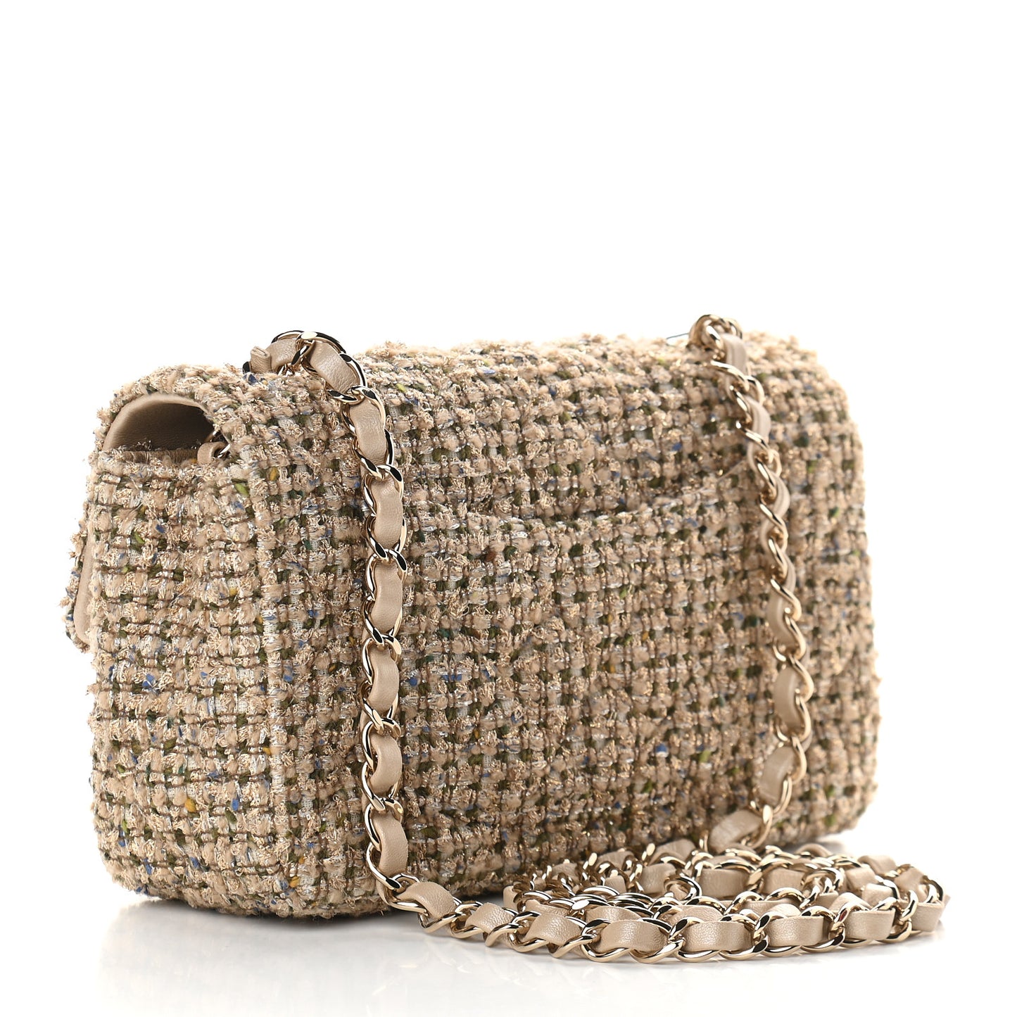 Tweed Quilted Mini Rectangular Flap Beige