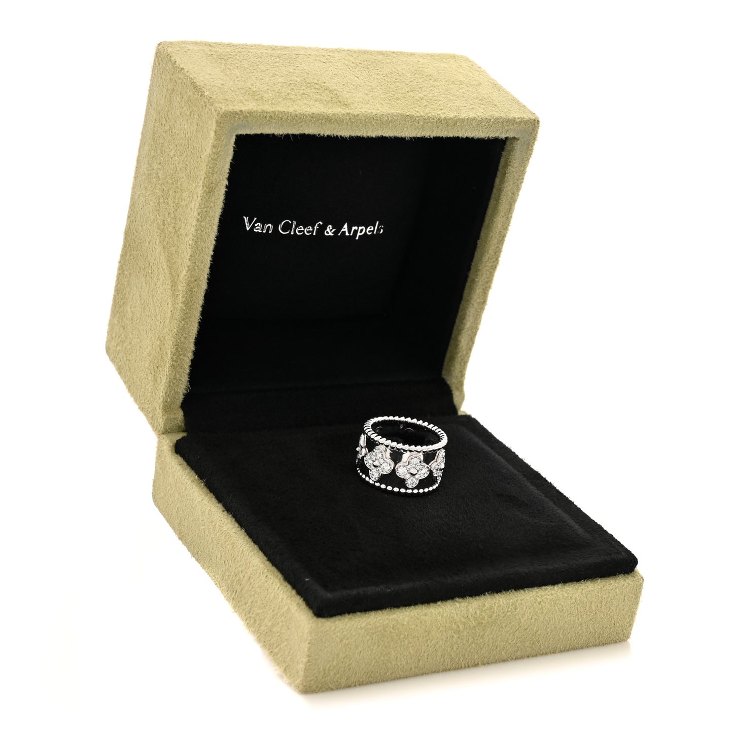 18K White Gold Diamond Medium Perlee Clover Band Ring 52 6