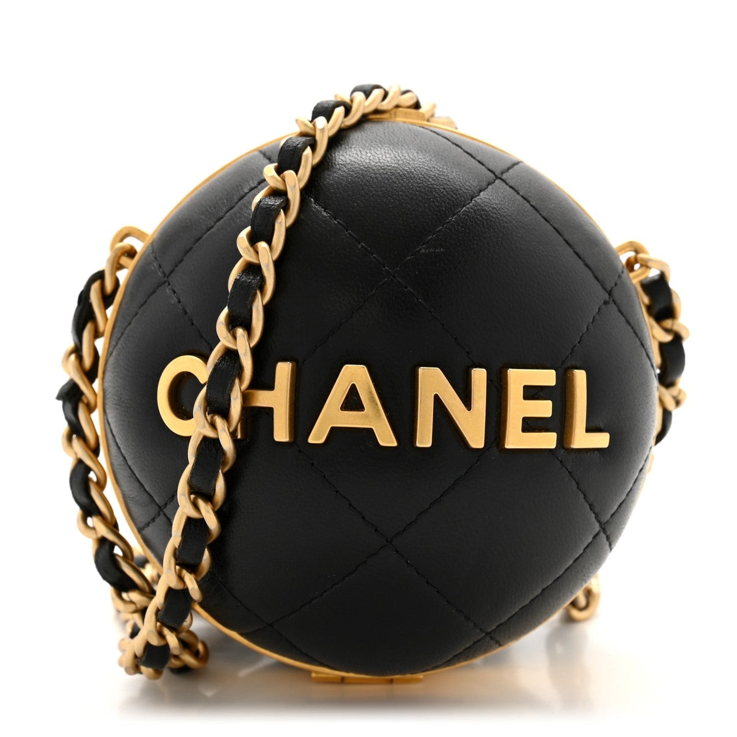 Lambskin Quilted Sphere Minaudiere Chain Clutch Black