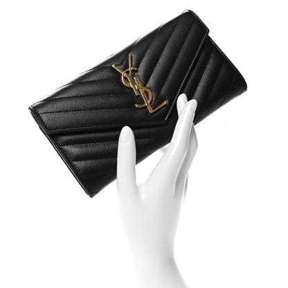 Saint Laurent Grain De Poudre Matelasse Chevron Monogram Flap Wallet Black 2 of 9