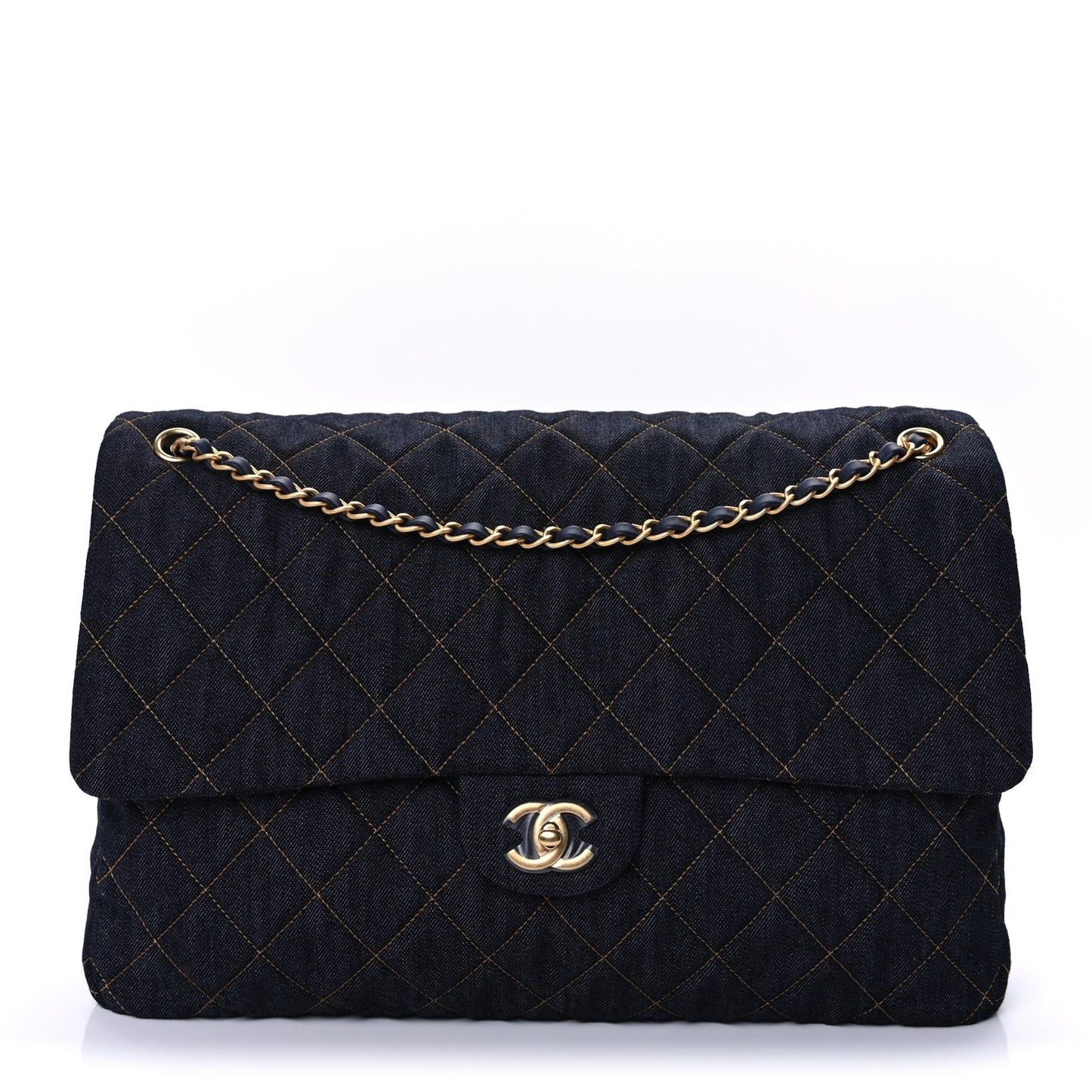 Denim Quilted XXL Travel Flap Bag  Dark Blue Orange