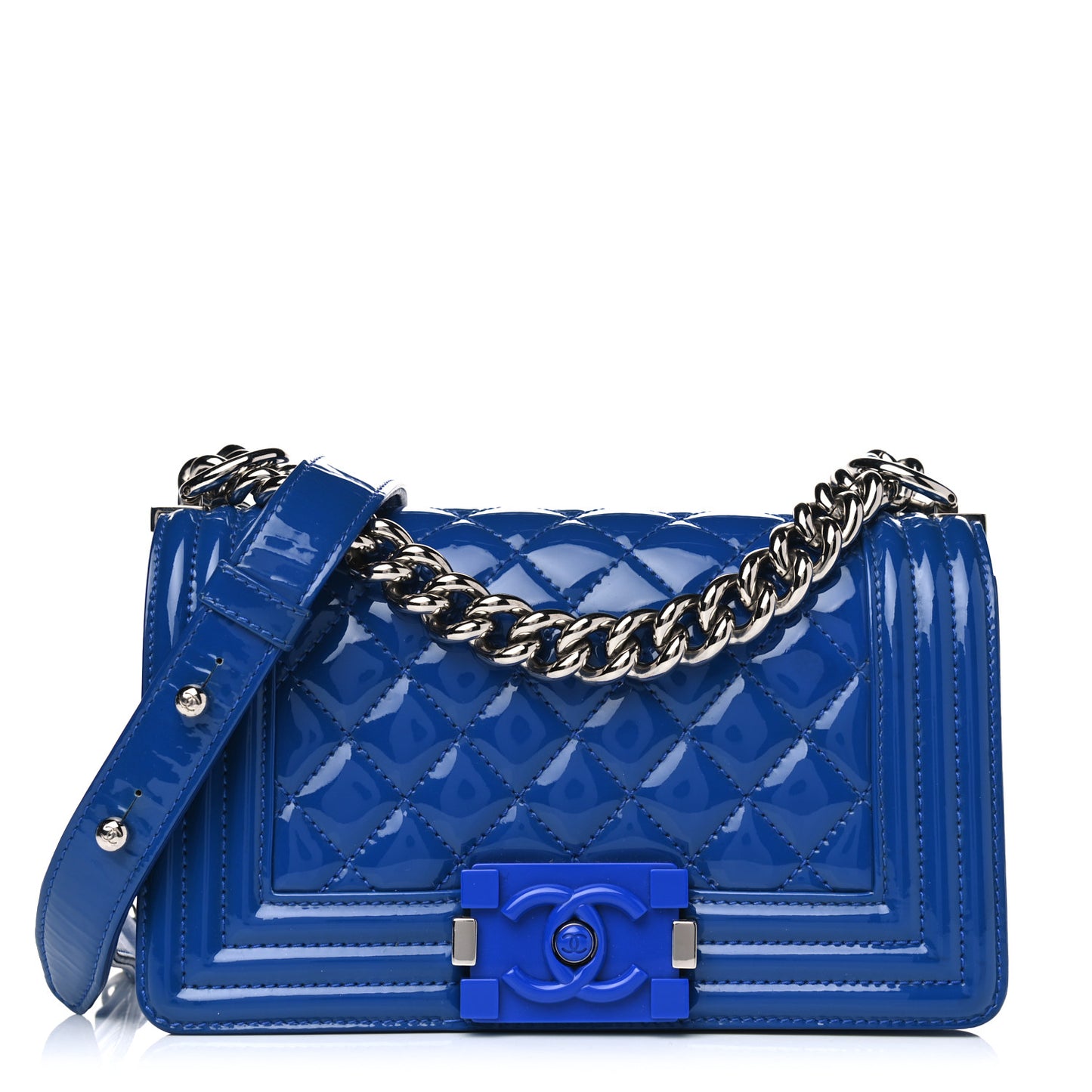 Patent Calfskin Quilted Small Plexiglass Boy Flap Blue