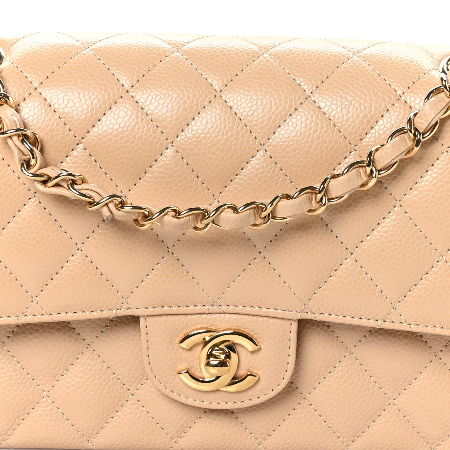 Caviar Quilted Medium Double Flap Beige