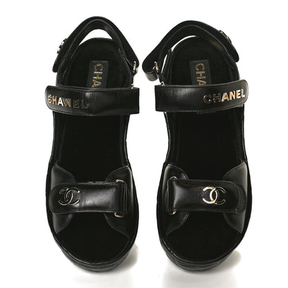 Chanel Shiny Calfskin Logo Platform Sandals 38 Black 5 of 13