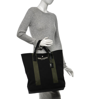 Saint Laurent Canvas Beach Shopping Tote Black Khaki 2 of 6