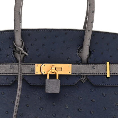 Hermes Ostrich Horseshoe Birkin 30 Bleu Iris Gris Agate 7 of 9