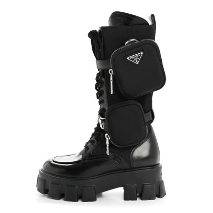 Prada Spazzolato Rois Re-Nylon Metal Triangle Logo Monolith Pouch Pocket 55mm Tall Combat Boots 36.5 Black 1 of 7
