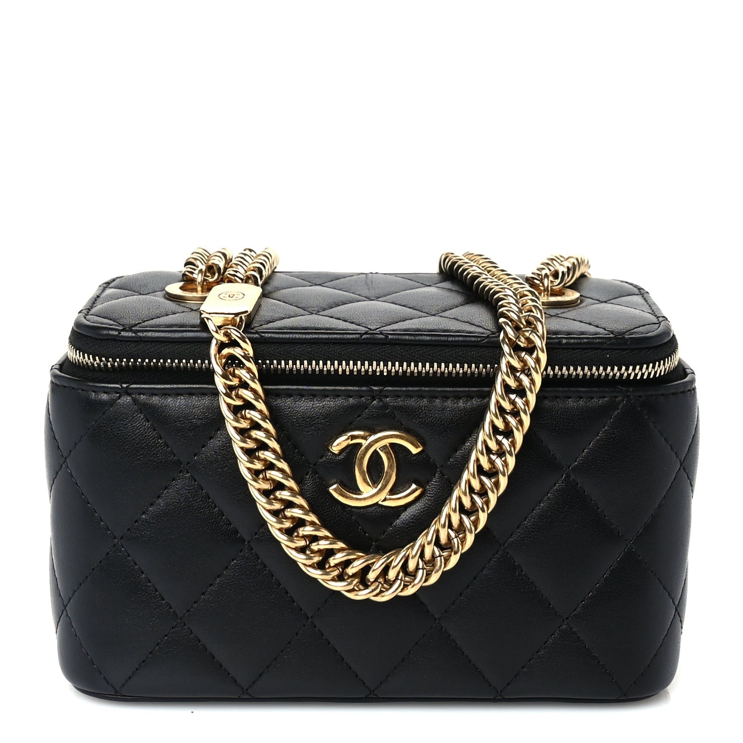 Chanel Lambskin Enamel Quilted Logo Small Vanity Case With Chain  Black 1 of 9