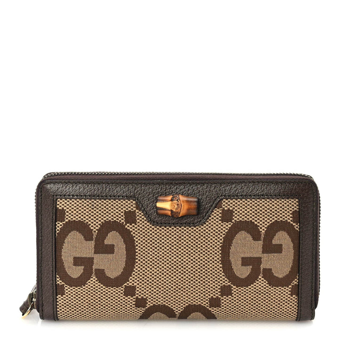 Monogram Jumbo GG Textured Dollar Calfskin Diana Zip Around Continental Wallet Camel Ebony New Acero