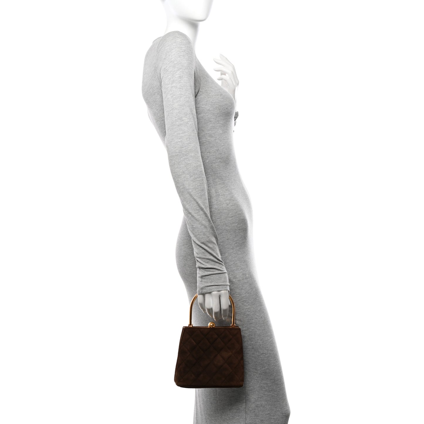 Suede Quilted Kisslock Top Handle Clutch Brown