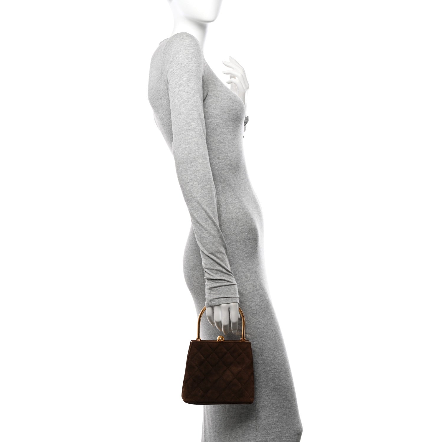 Chanel Suede Quilted Kisslock Top Handle Clutch Brown 2 of 11