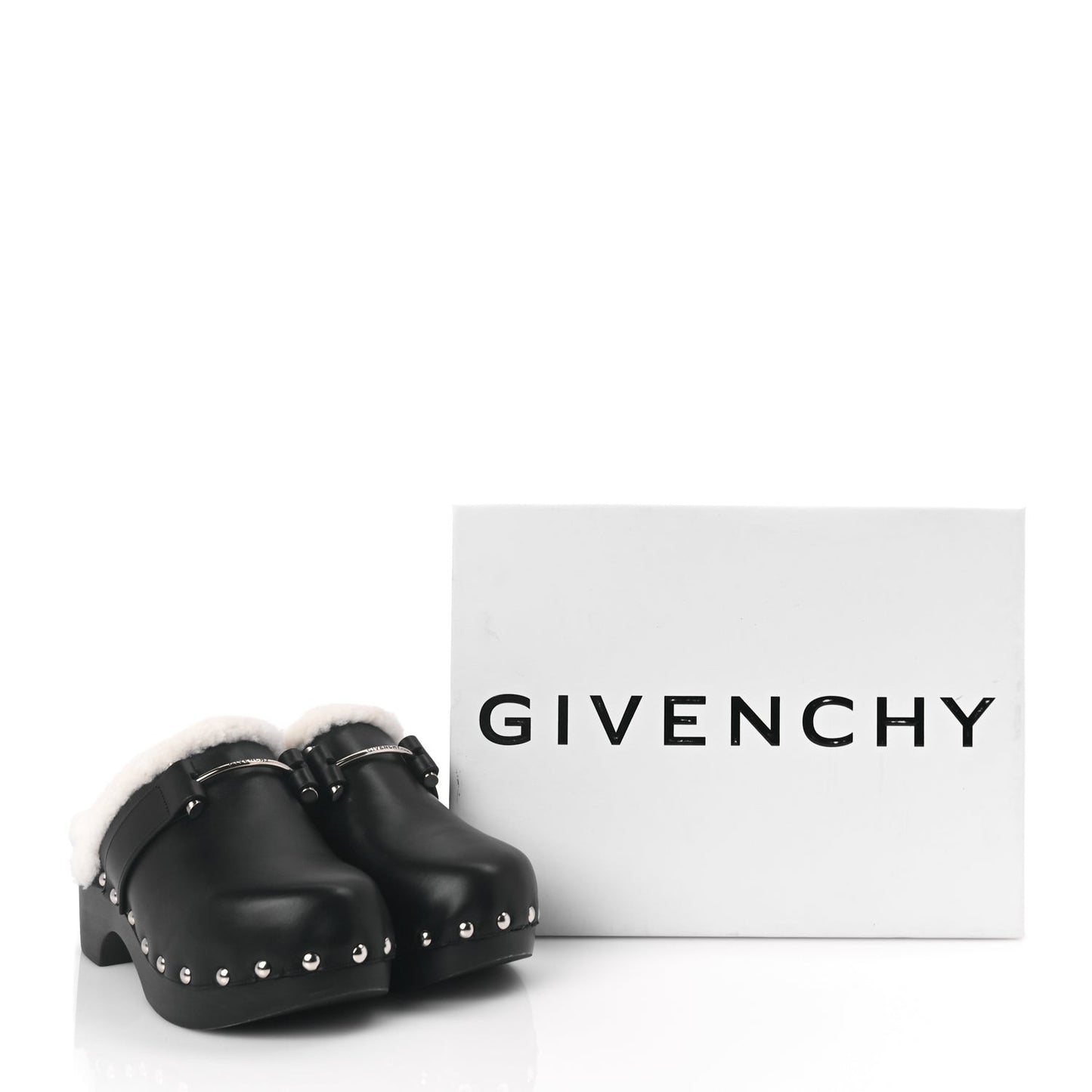 Calfskin Shearling Studded Platform Clogs 38 Black