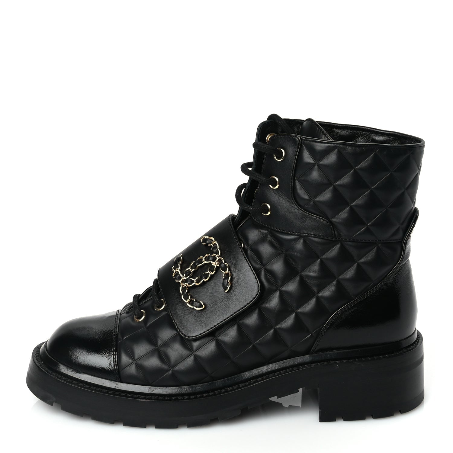 Chanel Shiny Calfskin Quilted Lace Up Combat Boots 39 Black 1 of 8