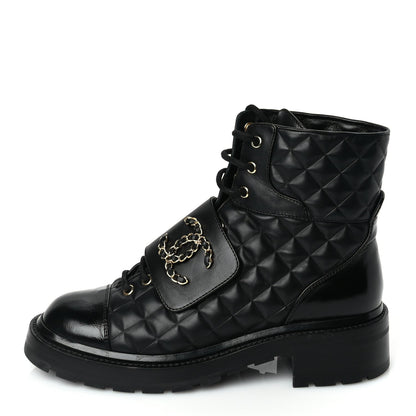 Chanel Shiny Calfskin Quilted Lace Up Combat Boots 39 Black 1 of 8