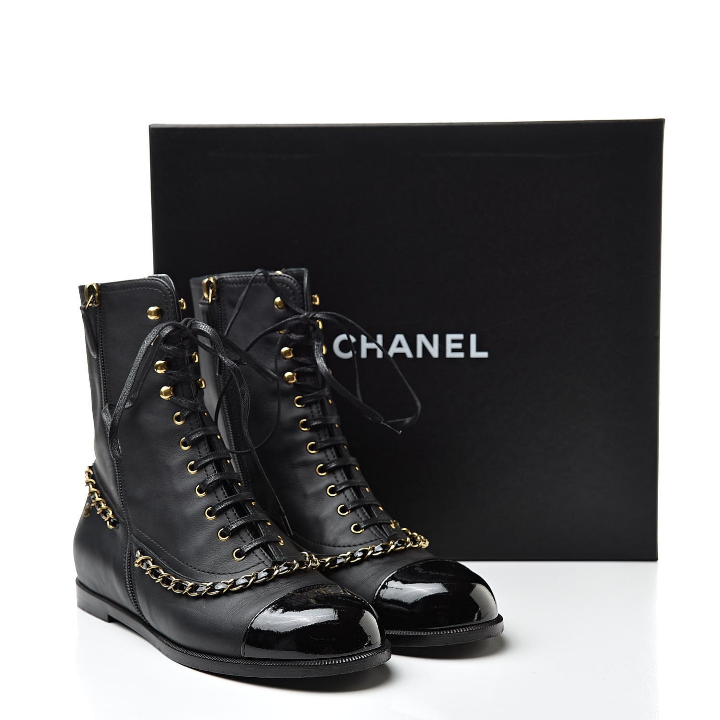 Calfskin Chain Lace Up Boots 38.5 Black