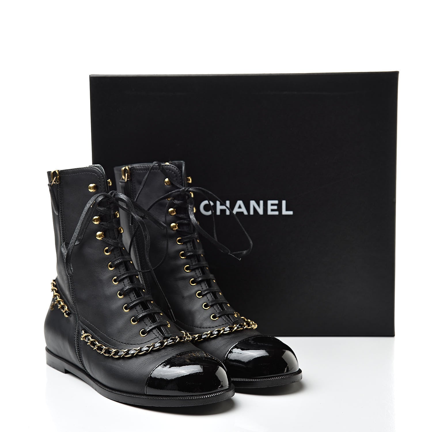 Chanel Calfskin Chain Lace Up Boots 38.5 Black 12 of 12