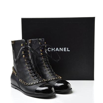 Chanel Calfskin Chain Lace Up Boots 38.5 Black 12 of 12