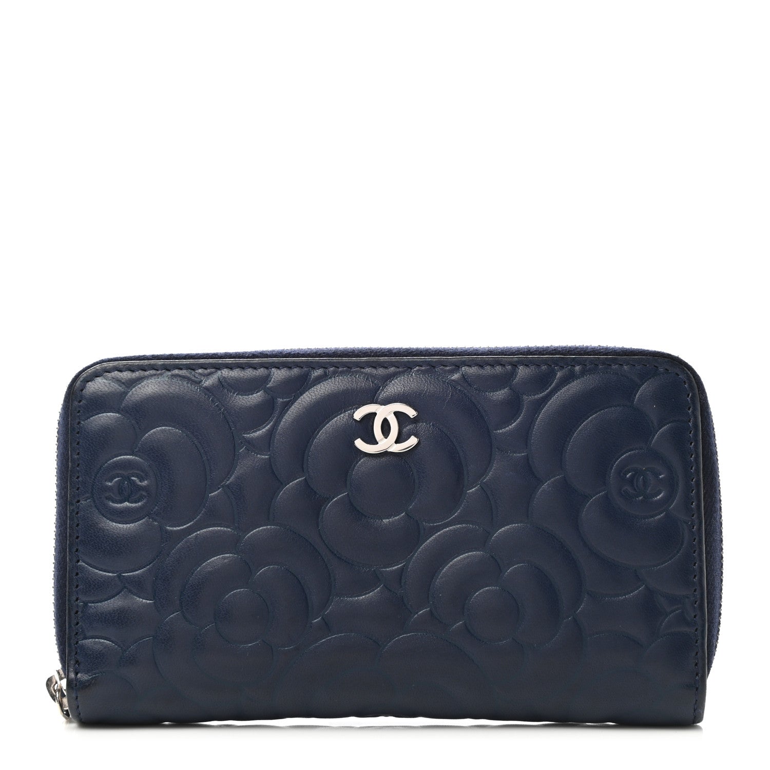 Chanel Lambskin Camellia Embossed Medium Zip Around Wallet Navy 1 of 8