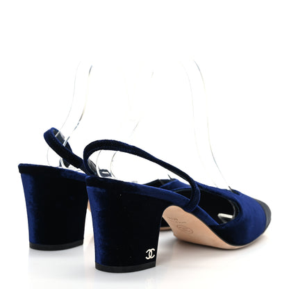 Chanel Velvet Grosgrain Cap Toe CC Slingback Pumps 40.5 Blue Black 4 of 8