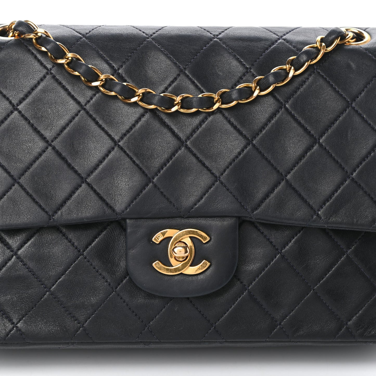Lambskin Quilted Medium Double Flap Navy