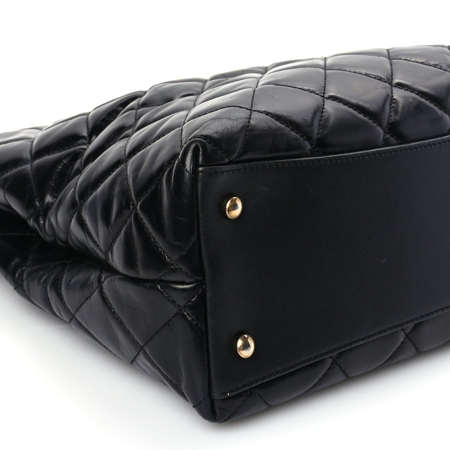 Glazed Calfskin Quilted Gold Bar Tote Black