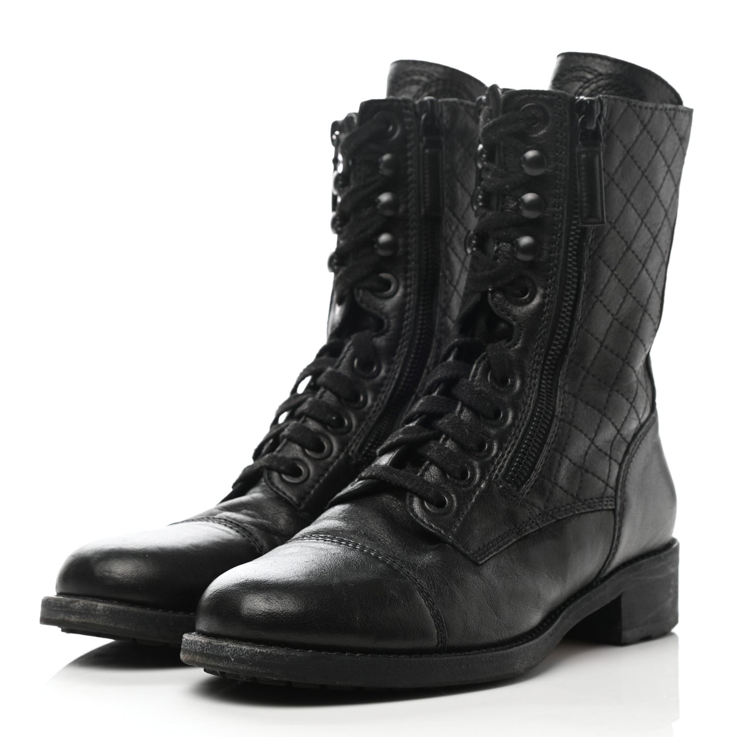 Sheepskin Quilted CC Tall Lace Up Combat Boots 38 Black