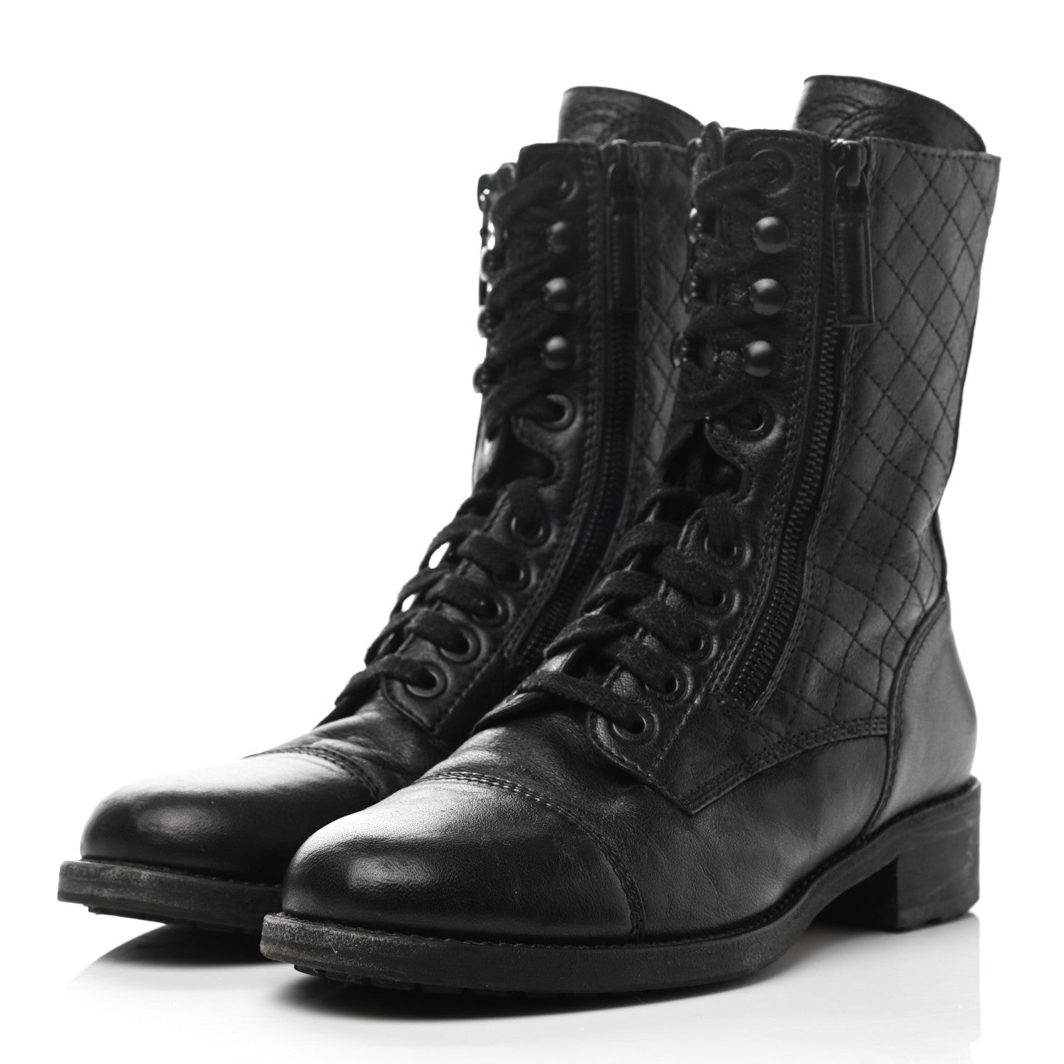 Chanel Sheepskin Quilted CC Tall Lace Up Combat Boots 38 Black 3 of 10