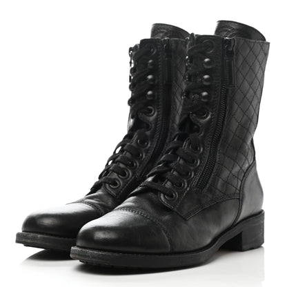 Chanel Sheepskin Quilted CC Tall Lace Up Combat Boots 38 Black 3 of 10