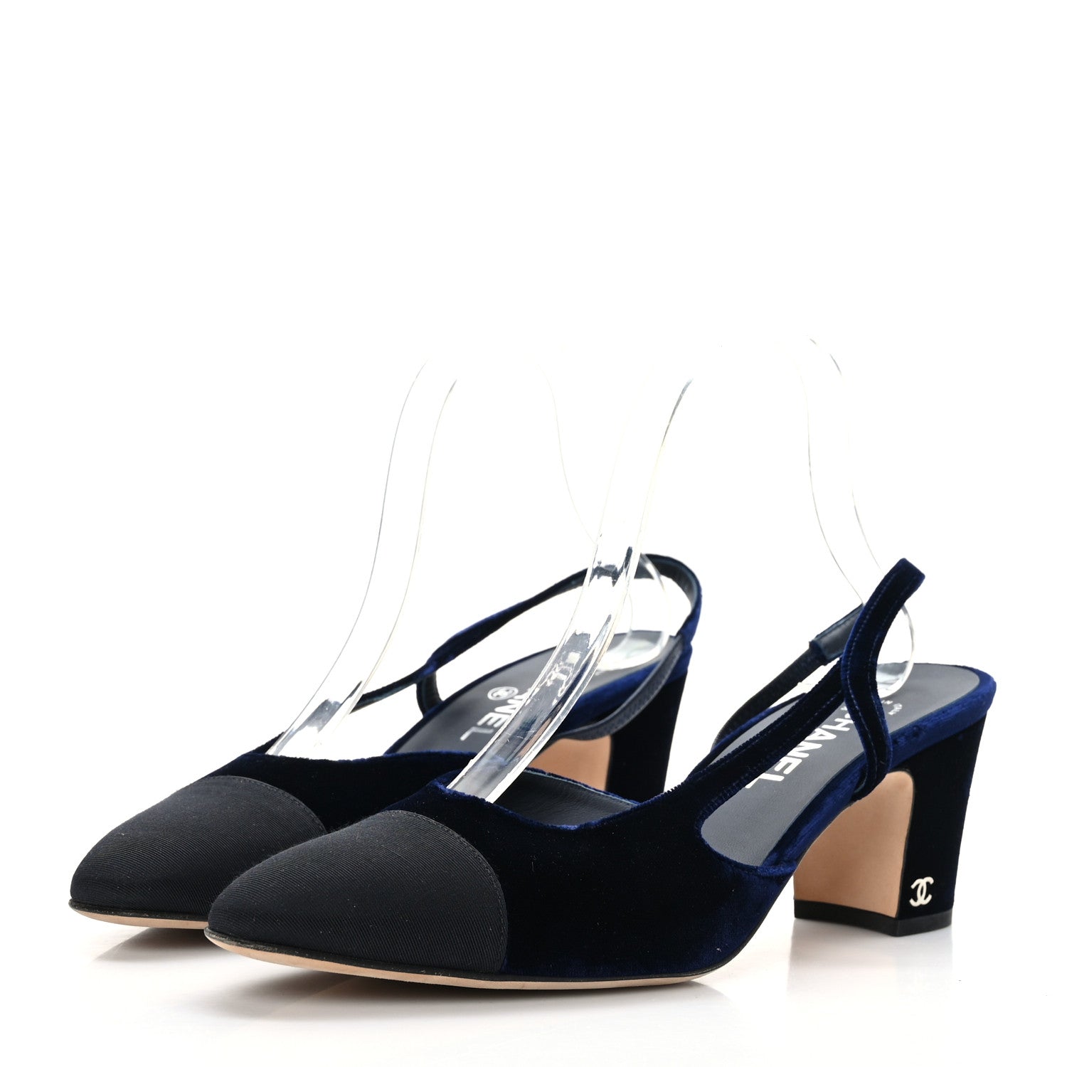 Chanel Velvet Grosgrain Cap Toe CC Slingback Pumps 40.5 Blue Black 3 of 8