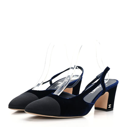 Chanel Velvet Grosgrain Cap Toe CC Slingback Pumps 40.5 Blue Black 3 of 8