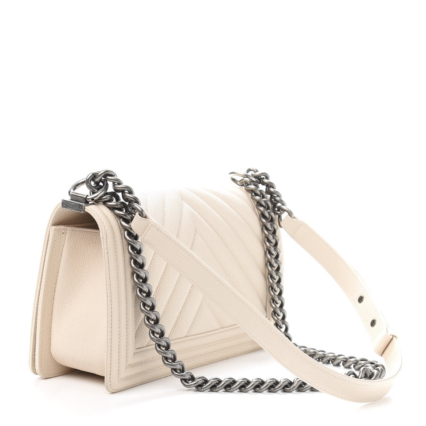 Caviar Chevron Quilted Medium Boy Flap Light Beige