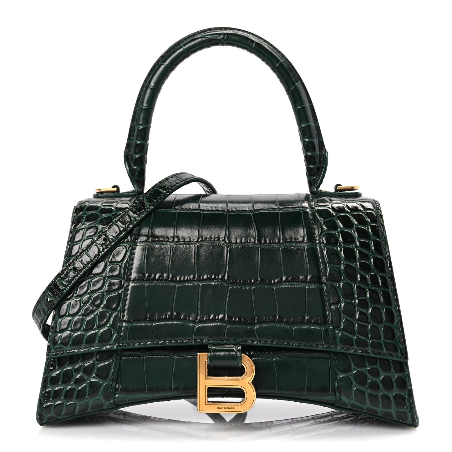 Shiny Calfskin Crocodile Embossed Small Hourglass Top Handle Bag Forest Green