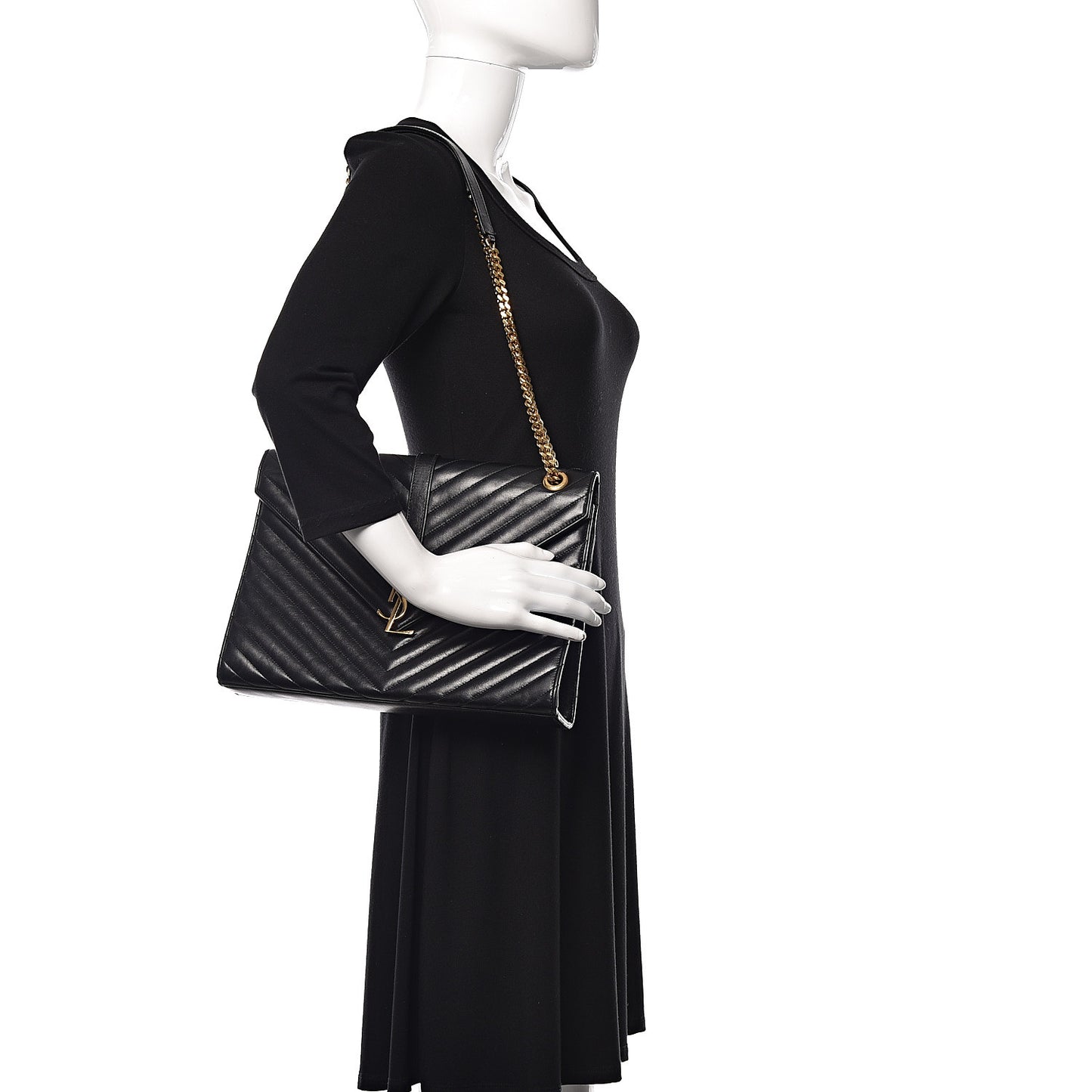 Smooth Calfskin Matelasse Chevron Large Monogram Satchel Black
