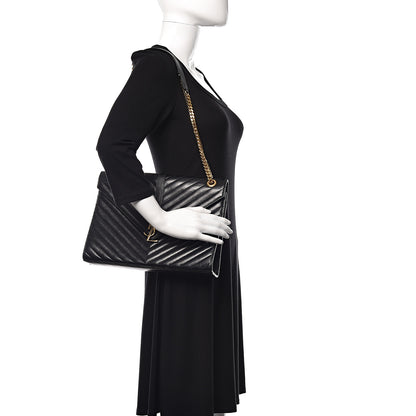Saint Laurent Smooth Calfskin Matelasse Chevron Large Monogram Satchel Black 2 of 9