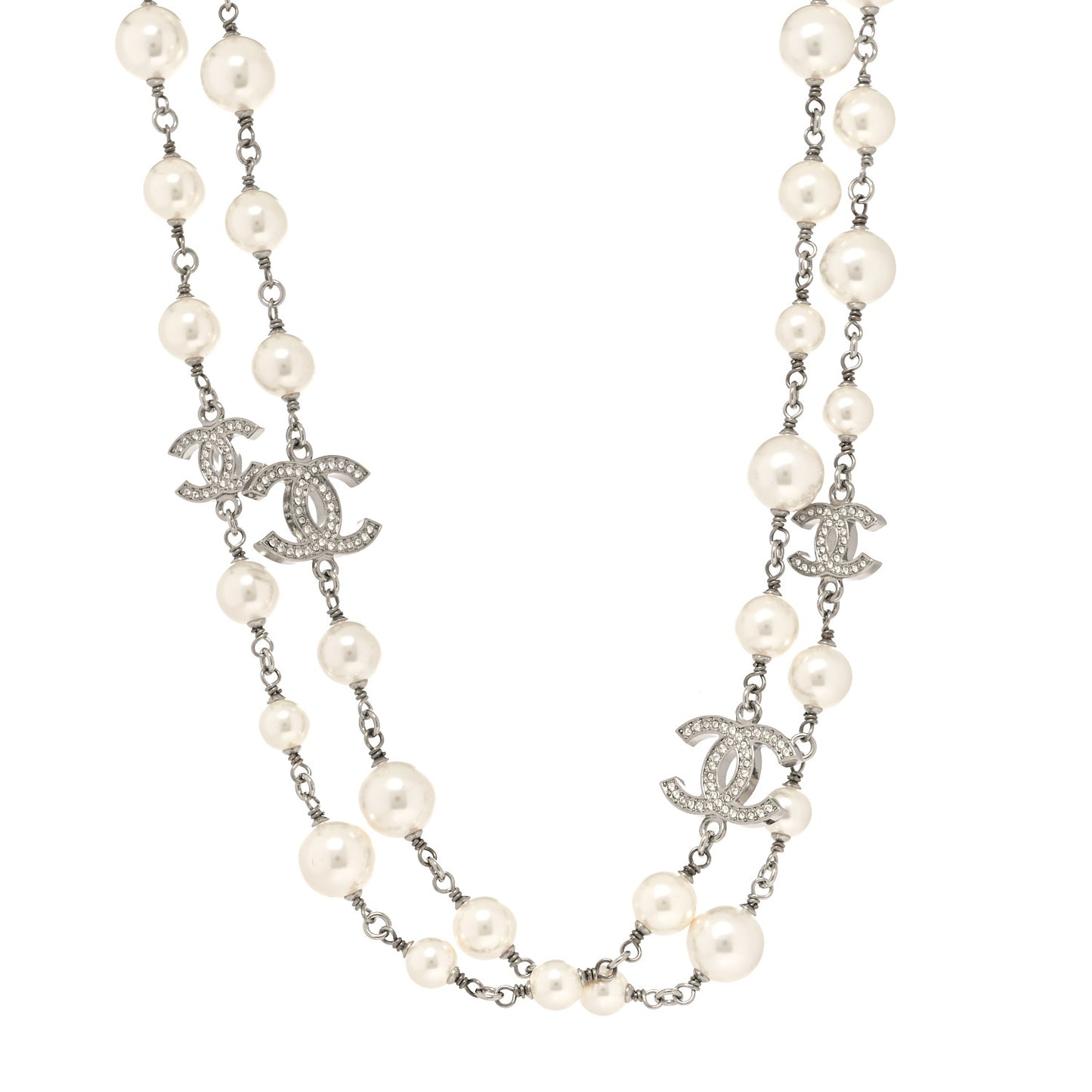 Graduated Pearl Crystal CC Long Necklace Silver