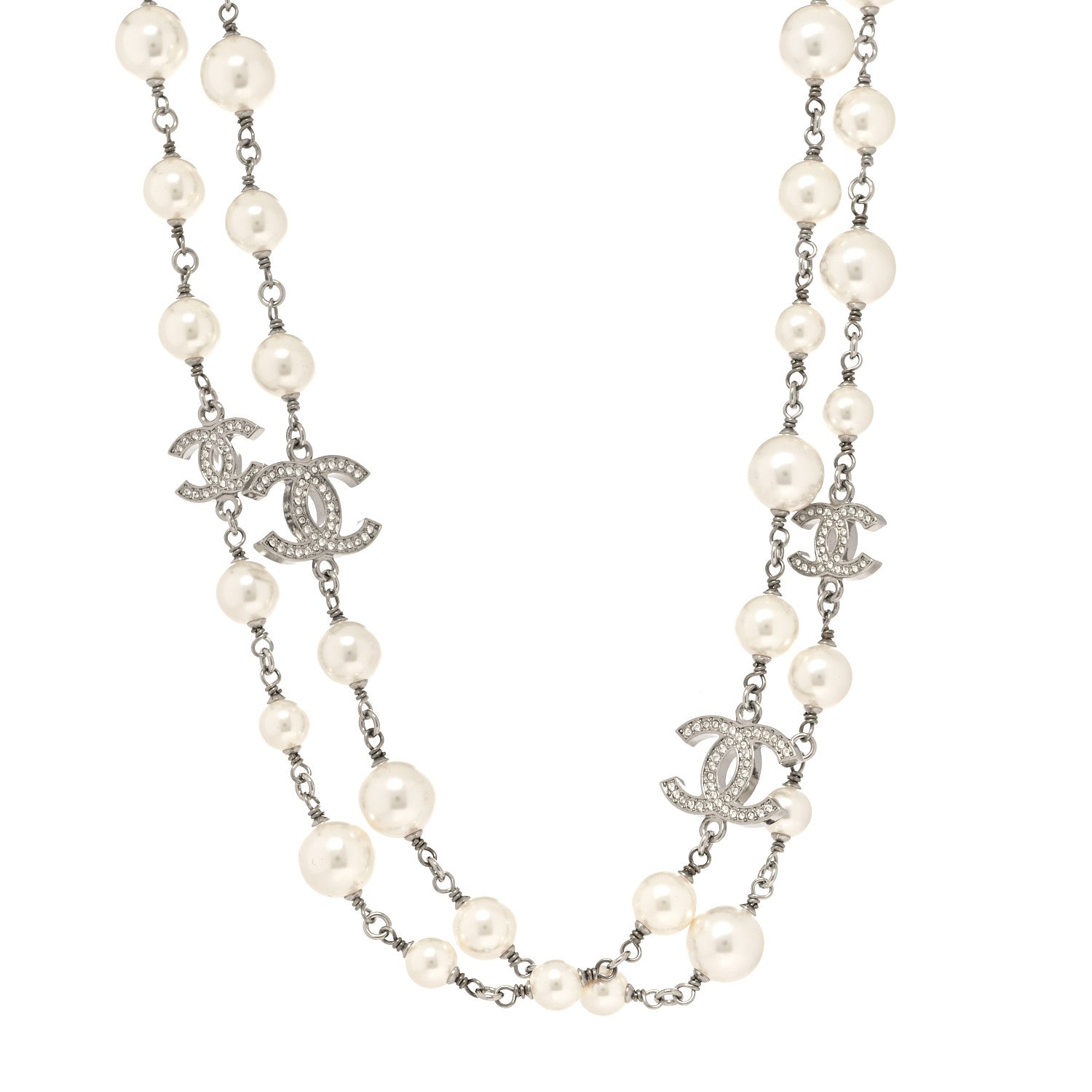 Chanel Graduated Pearl Crystal CC Long Necklace Silver 1 of 5
