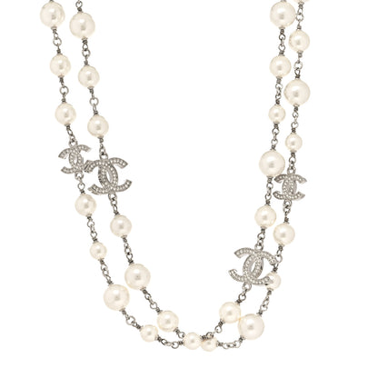 Chanel Graduated Pearl Crystal CC Long Necklace Silver 1 of 5