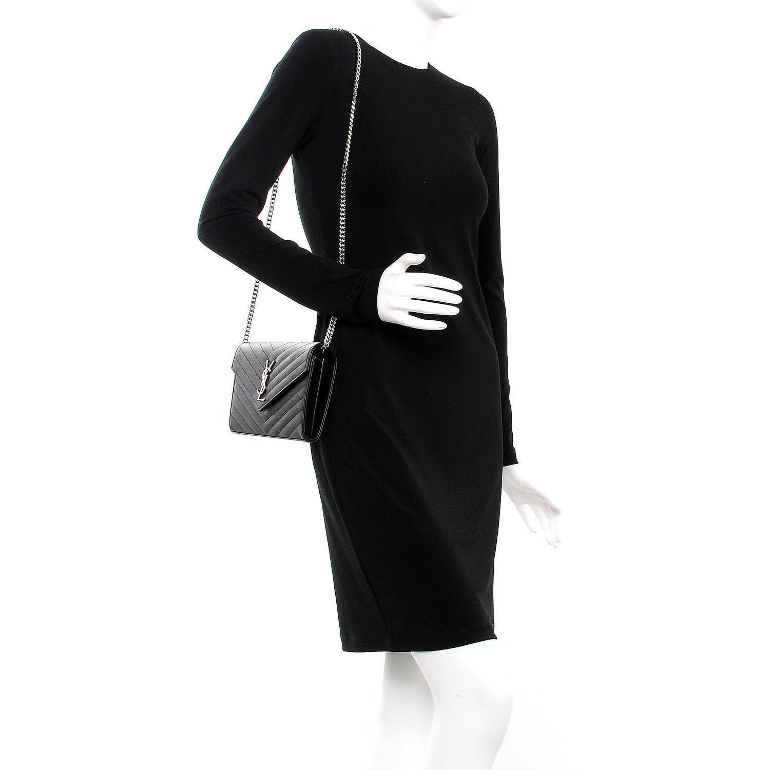 Saint Laurent Grain De Poudre Matelasse Chevron Monogram Chain Wallet Black 2 of 8