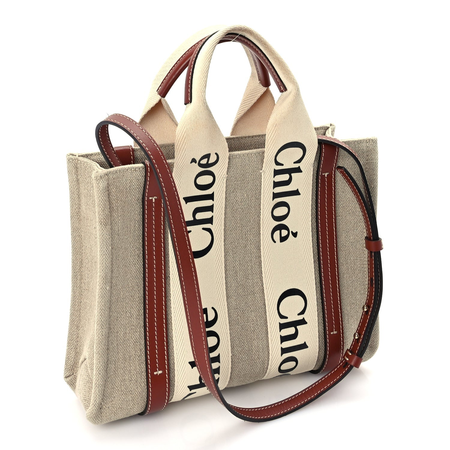 Chloe Cotton Calfskin Small Woody Ribbon Tote  White Brown 2 of 8